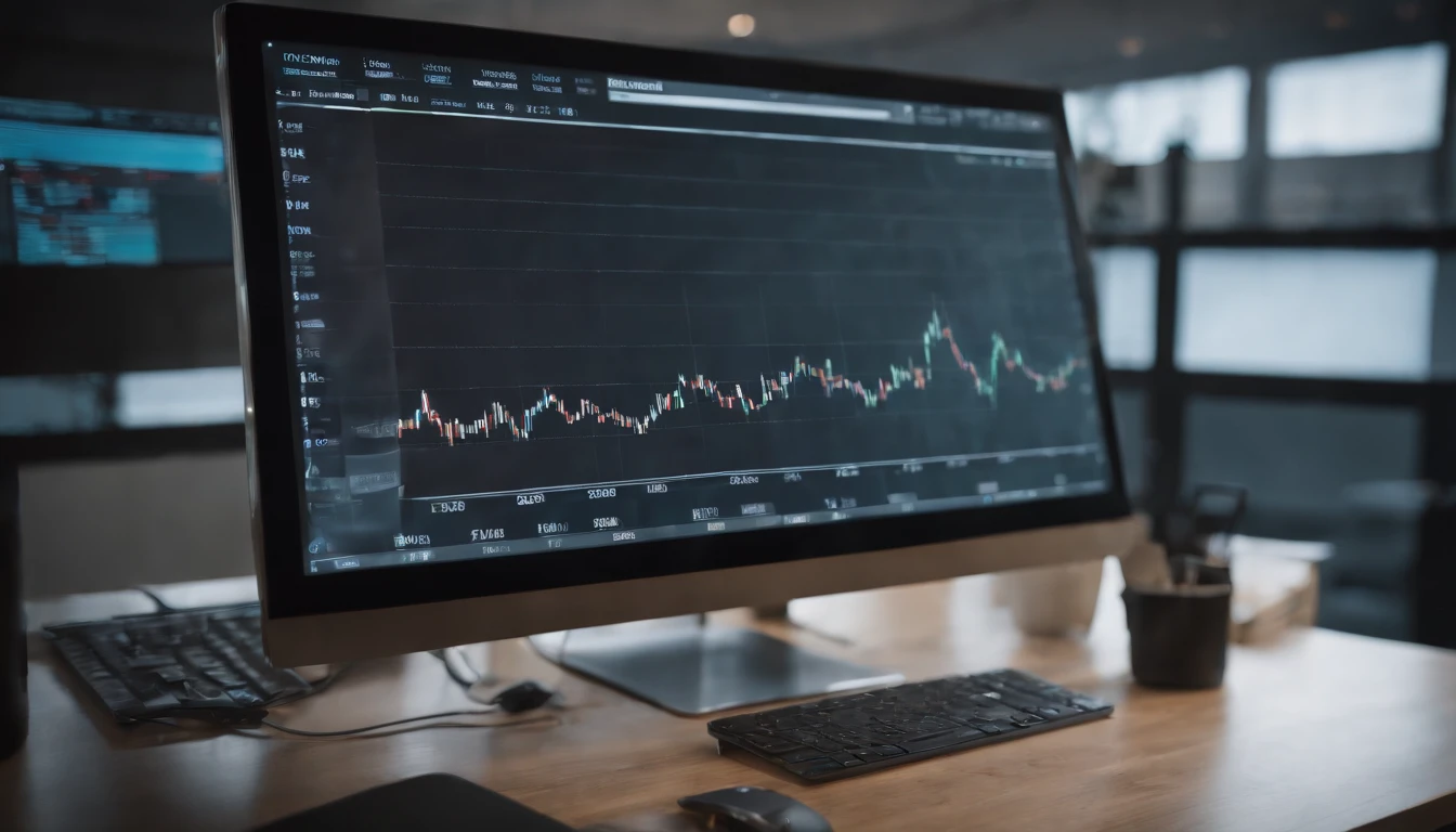 Capture a double exposure shot, where the stock market chart is seamlessly blended with the top view of a computer on a table. The chart should be displayed on the computer screen, while the computer itself is surrounded by financial analysis-related objects, such as charts, graphs, and pens