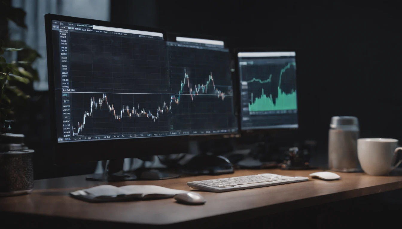 Capture a double exposure shot, where the stock market chart is seamlessly blended with the top view of a computer on a table. The chart should be displayed on the computer screen, while the computer itself is surrounded by financial analysis-related objects, such as charts, graphs, and pens
