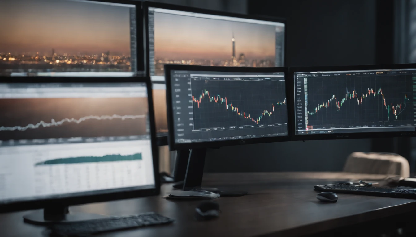 Capture a double exposure shot, where the stock market chart is seamlessly blended with the top view of a computer on a table. The chart should be displayed on the computer screen, while the computer itself is surrounded by financial analysis-related objects, such as charts, graphs, and pens