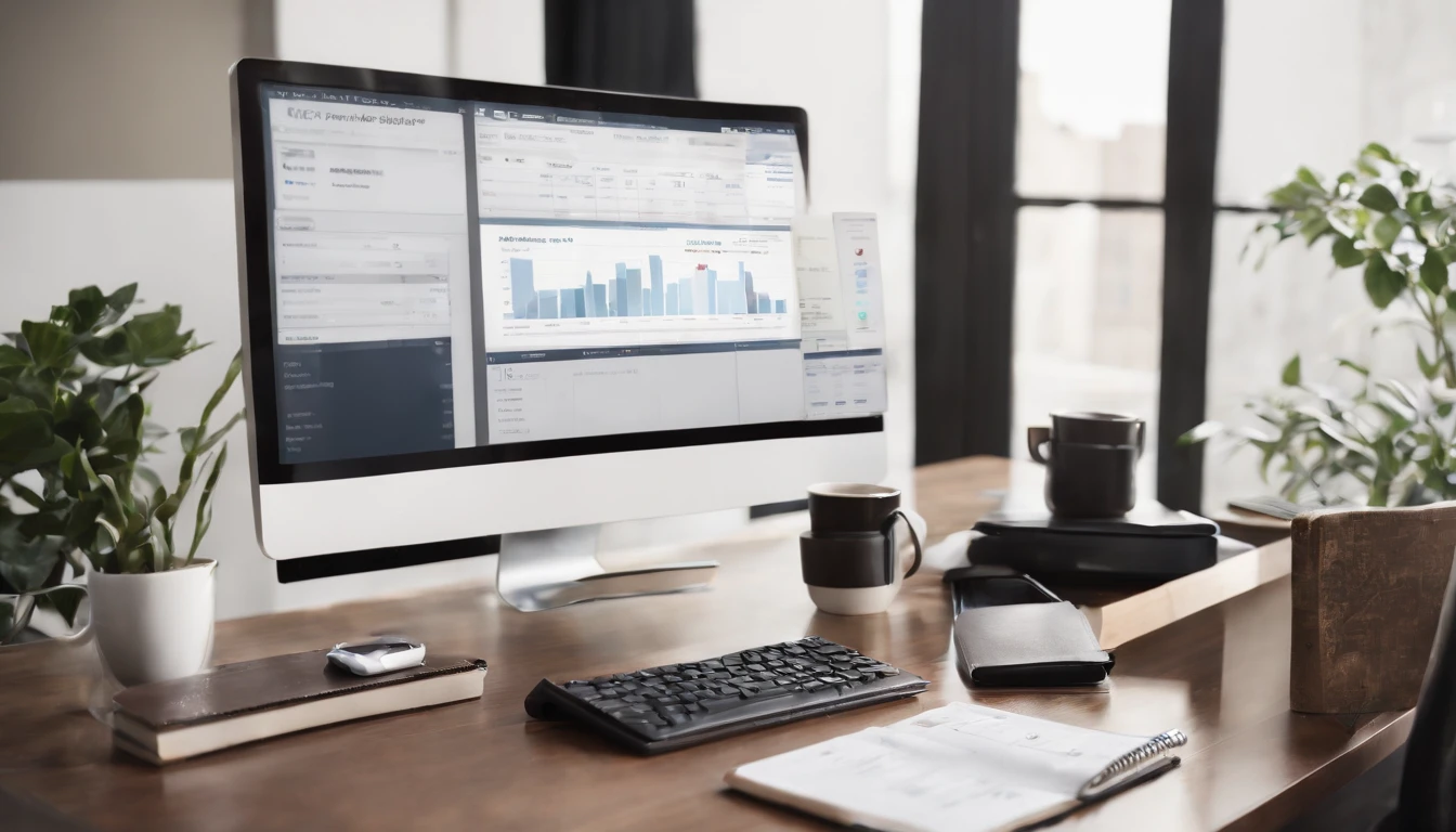 an overhead shot of the computer placed on a sleek desk, with a cluttered background featuring financial documents, charts, and a cup of coffee. The documents and charts should be strategically placed around the computer, symbolizing the importance of financial analysis in decision-making