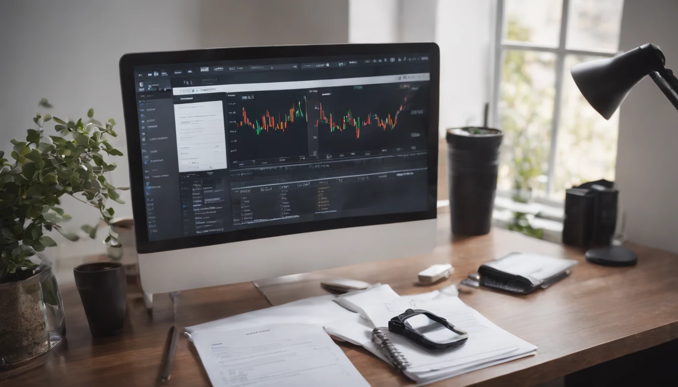 an overhead shot of the computer placed on a sleek desk, with a cluttered background featuring financial documents, charts, and a cup of coffee. The documents and charts should be strategically placed around the computer, symbolizing the importance of financial analysis in decision-making