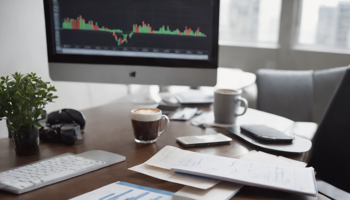 an overhead shot of the computer placed on a sleek desk, with a cluttered background featuring financial documents, charts, and a cup of coffee. The documents and charts should be strategically placed around the computer, symbolizing the importance of financial analysis in decision-making