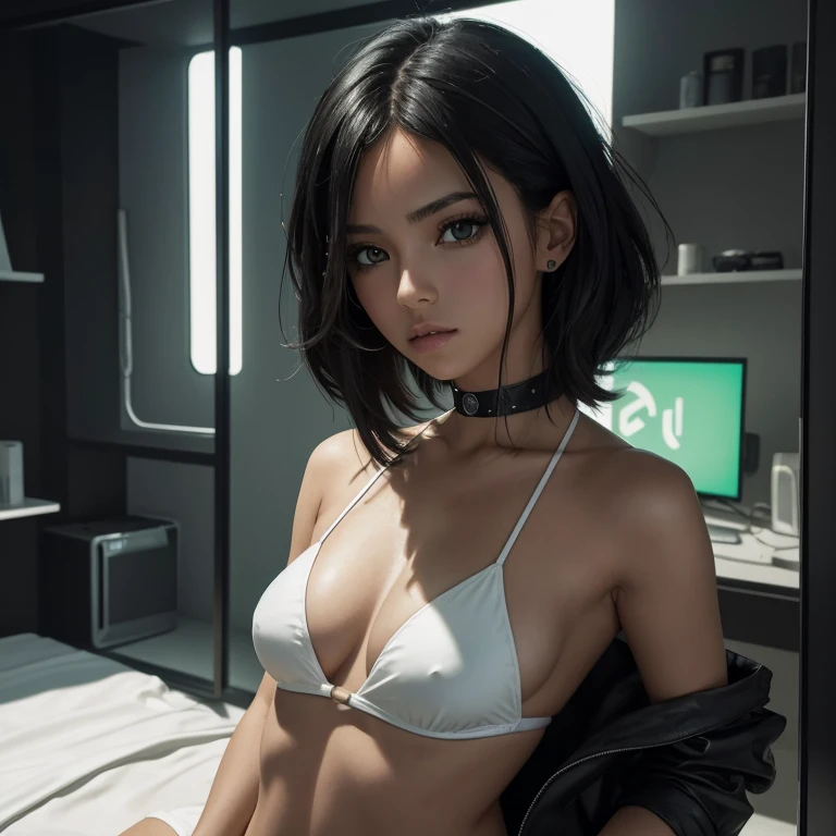 (Obra maestra, La mejor calidad), 1girl, cabello negro, cyberpunk, solamente, hasta la cintura, Apariencia sexy, ojos verdes, itself room, white mini bikini in tension, small breasts,
