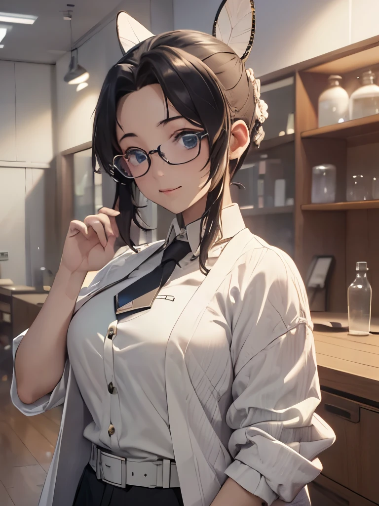 (masterpiece, best quality), 8K, high detail, (((Hu Dieren)))、Bun hair、eye glass、Manteau blanc、neck tie、white  shirt、inside in room、lab room、beakers、flask