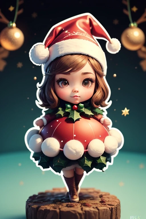 (((A sticker)))。High quality design vector style image,Happy wearing Santa hat,Big eyes and short hair,Lovely big breasts,Clean black background, Professional Vector, High Detail,