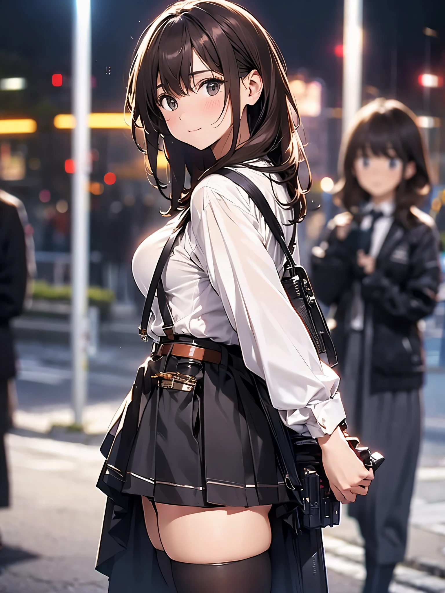 Brown hair、watching at viewers black suspenders Bulging big breasts walls: Black miniskirt garters Gaze Small face bangss holster Beautuful Women hands up レッグholster ベッドに横たわる Gaze black boots panty shot provocation flank flank汗 soio arm inside of a car Fold your hands behind your back a belt