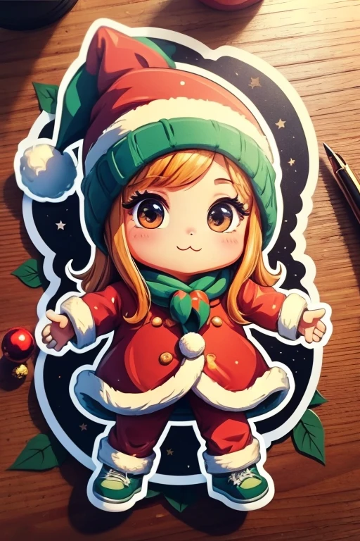 Sticker design, christmas Sticker, 1girl, (Christmas hat, Christmas costume:1.2), Christmas elements, playful, cute, 3D cartoon, by Bart Simpson, enhance, intricate, (masterpiece, Representative work, official art, Professional, unity 8k wallpaper:1.3)