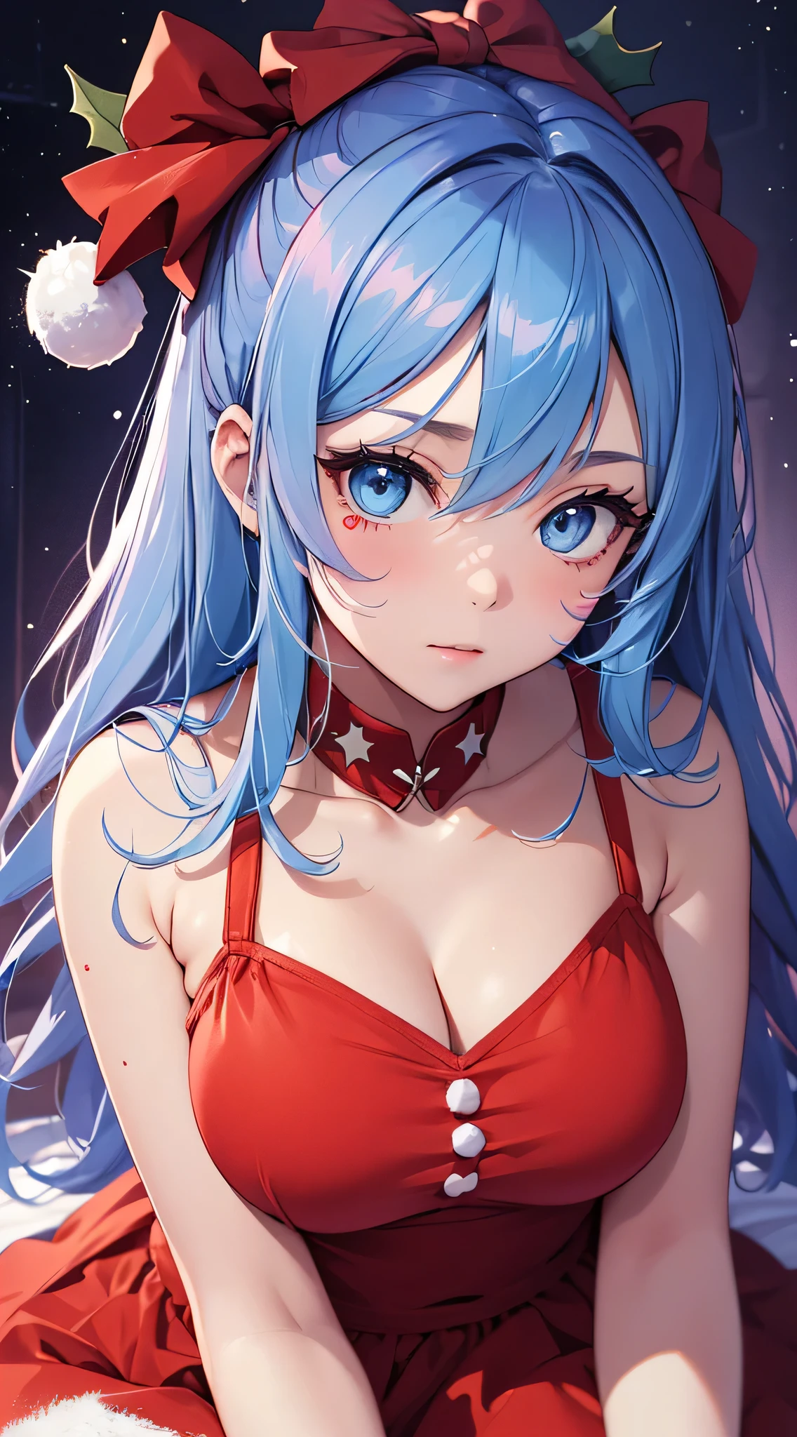top-quality、Top image quality、masterpiece、s girl((santa style short skirt、santa style tank top、sixteen years old、 Ager、Best Bust、big bast,wide open breasts、Beautiful light blue eyerest, multicolored hair、A slender,Large valleys、dye one's cheeks red、Red Body Paint、Red Face Paint、be shy、heart mark、Lying on your back on the bed、Entice viewers、dishevled hair、Put your hands forward、Bring your arms forward)),hiquality、Beautiful Art、Background with(( natta、snowflakes falling、Nice and clean room.、Christmas Party、Party Venue、Christmas Lights、Christmas tree、christmas bed)))、masutepiece、depth of fields,