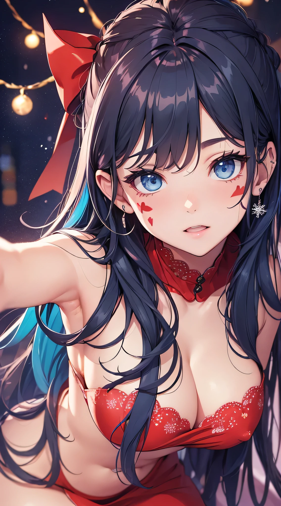 top-quality、Top image quality、masterpiece、s girl((santa style short skirt、santa style tank top、sixter、Best Bust、big bast,wide open breasts、Beautiful lig eyerest, multicolored hair、A slender,Large valleys、dye one's cheeks red、Red Body Paint、Red Face Paint、be shy、heart mark、Lying on your back on the bed、Entice viewers、dishevled hair、Put your hands forward、Bring your arms forward)),hiquality、Beautiful Art、Background with(( natta、snowflakes falling、Nice and clean room.、Christmas Party、Party Venue、Christmas s、Chri tree、christmas bed)))、masutepiece、depth of fields,
