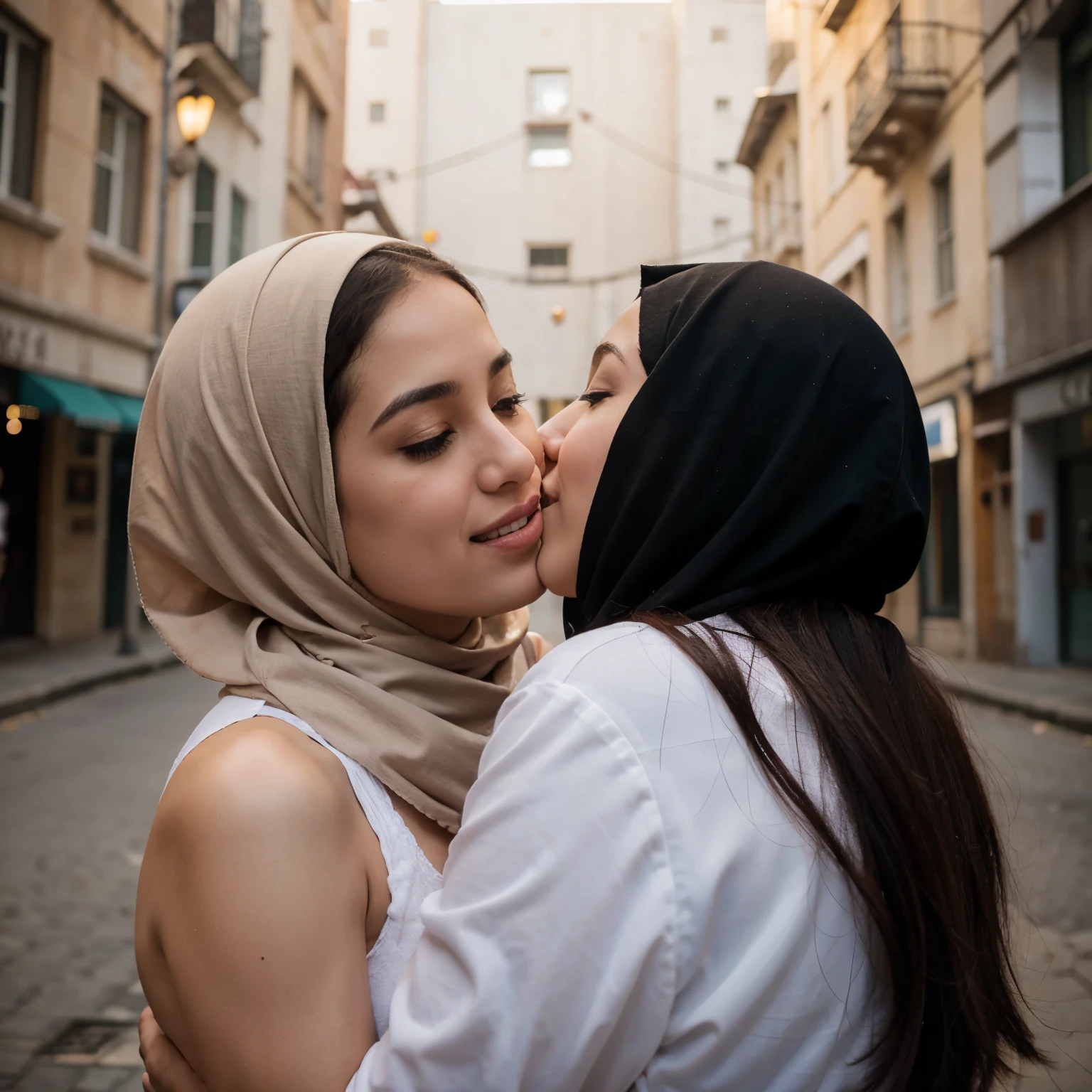 "Capture moments of passion and intimacy: Two women, Hijab, Deeply in love, Hug tightly, Share a passionate kiss."