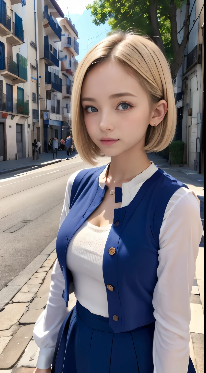 フルnudde:1.5、Very small breasts、parfect anatomy、One lady、cute face、ash blonde、a short bob、open vest、I can see my、boob focused、nudde、This is a hidden breast flick with no breasts.、Open chest、Clothing that shows your chest as much as possible、I can see my、Clothes with less fabric、plein air、the street、Streets in Spain、Gaudí architecture、ultra-detailliert、High quality detailing、Out-of-spec