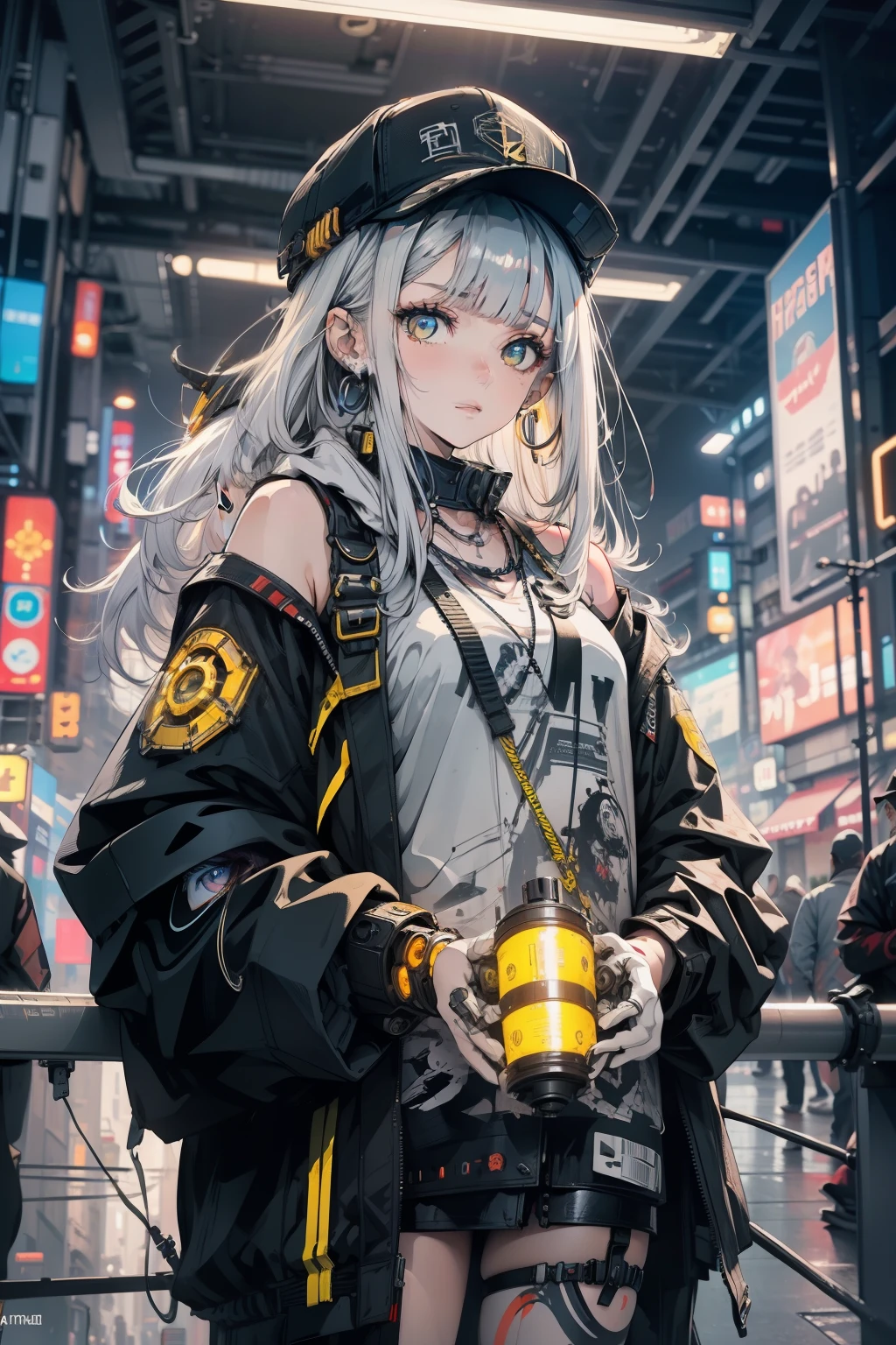 1 Girl, Solo, Colorful, Yellow Eyes, Cyberpunk, Mechanical Scrap Zone, Cityscape, Stud Earrings, Long Messy White Hair, Mechanical Hat, Mechanical Body, Robotic Arm, Mecha, Robot, Mechanical Maiden, Neon Lights, Beautiful Lights, Character Focus, CG Illustration, Bust Shot, 8k Resolution, Very Detailed, Anatomically Correct, Digital Painting, Concept Art, Clear Picture