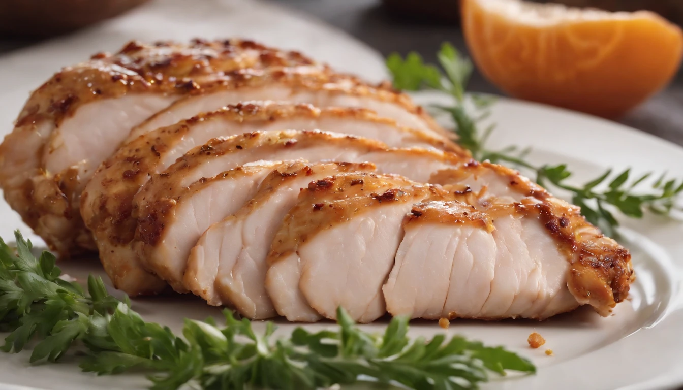 a detail shot of a sliced piece of chicken, revealing the juicy and tender meat underneath the crispy skin. The slice should be adorned with visible chunks of garlic and specks of herbs, adding to the visual appeal
