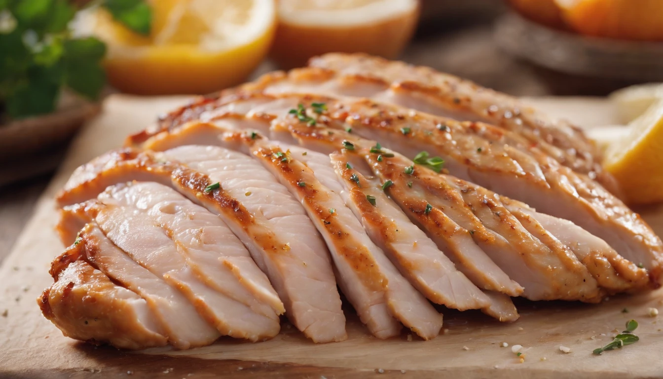 a detail shot of a sliced piece of chicken, revealing the juicy and tender meat underneath the crispy skin. The slice should be adorned with visible chunks of garlic and specks of herbs, adding to the visual appeal