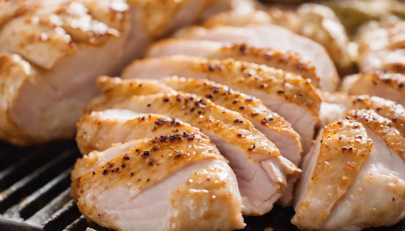 a detail shot of a sliced piece of chicken, revealing the juicy and tender meat underneath the crispy skin. The slice should be adorned with visible chunks of garlic and specks of herbs, adding to the visual appeal