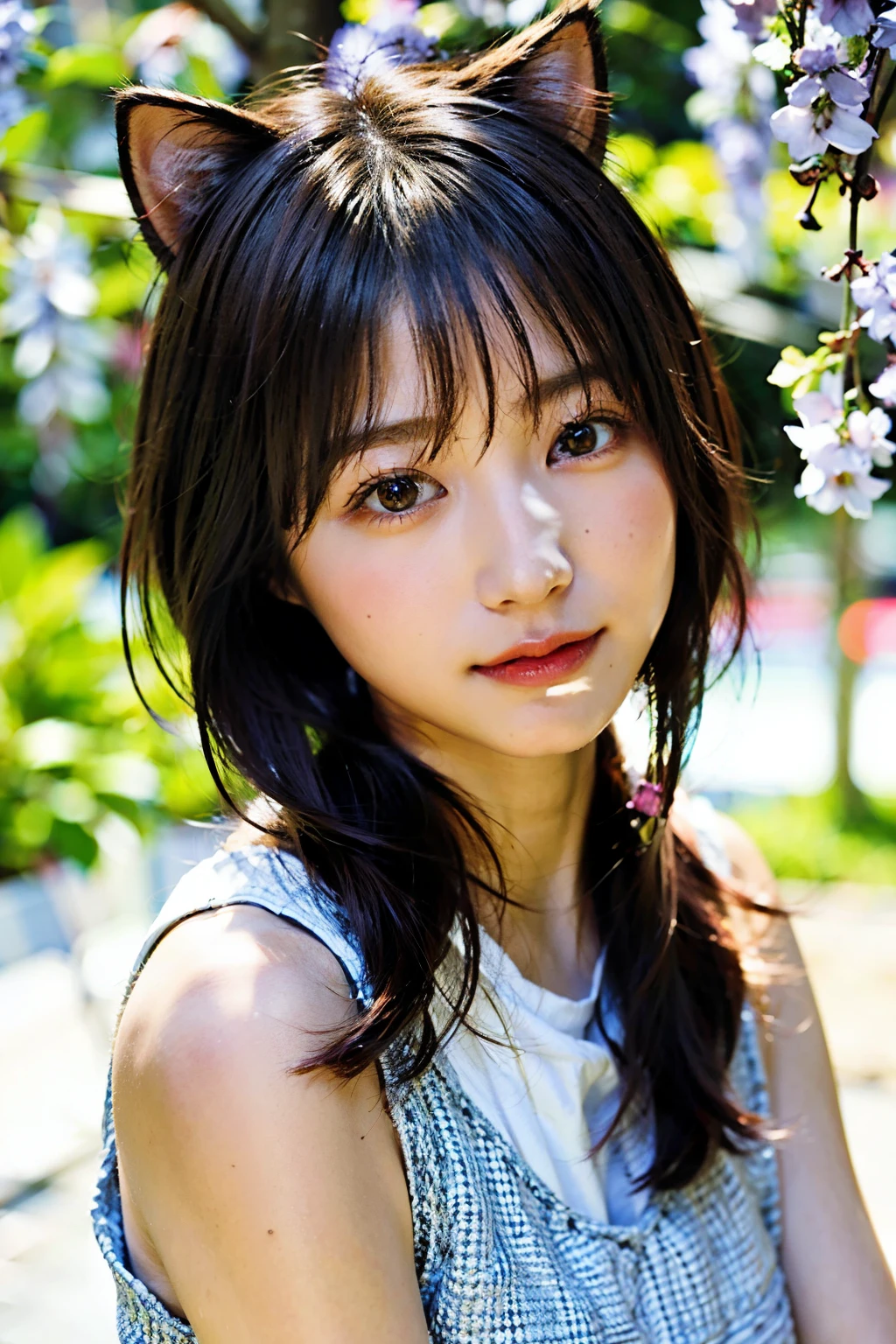 1girl in, Solo, Cute girl with pink hair, Pink eyes, Wisteria flower background, Soft natural light, Cat ears, Sleeveless white shirt