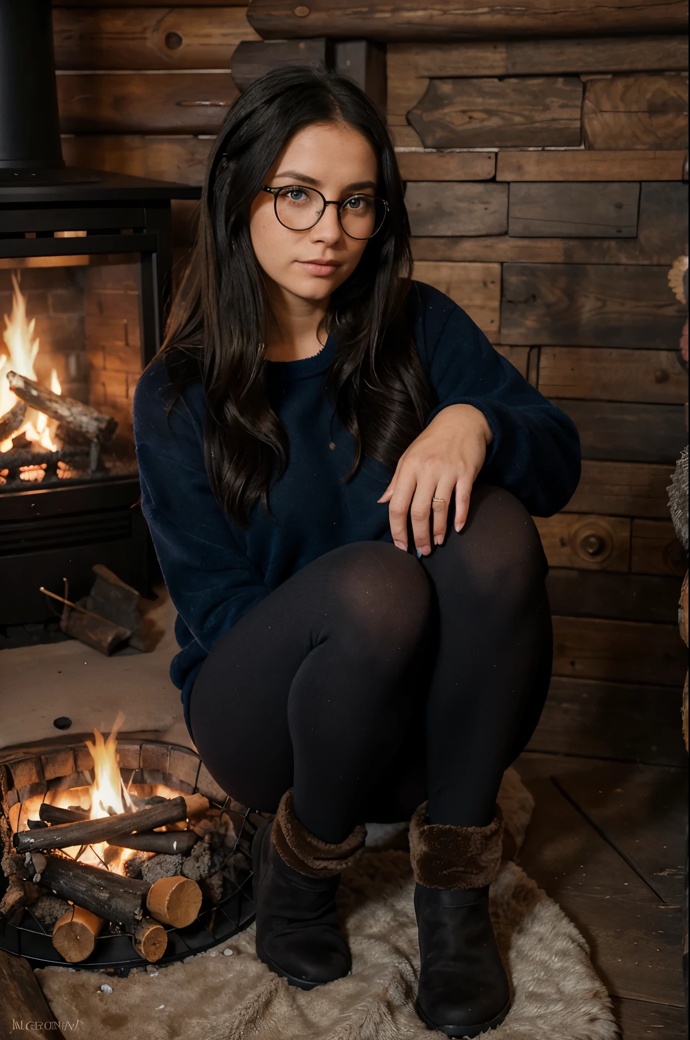 1woman, ombré black hair, beautiful blue eyes, freckled face, circle glasses, creame sweatshirt, seamless black leggings, fuzzy faux fur boots, ugg style boots, sitting on her knees, log cabin by fire place background, full body portrait.