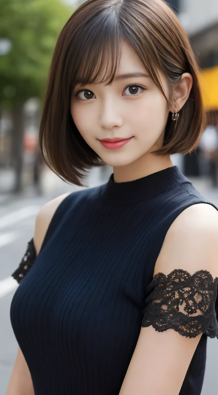 ((masterpiece)), ((Highest quality)), ((Complex)), ((Surreal)), (Realistic), (Mature Woman), ((No classes)), Very detailed, (1 female), Beautiful and exquisite, (Beautiful Teeth), Grin, Brunette Bob Hair, Brown eyes, ((blouse)), (Upper Body), (background:none), Perfect Eyes, Captivating eyes, Looking at the audience