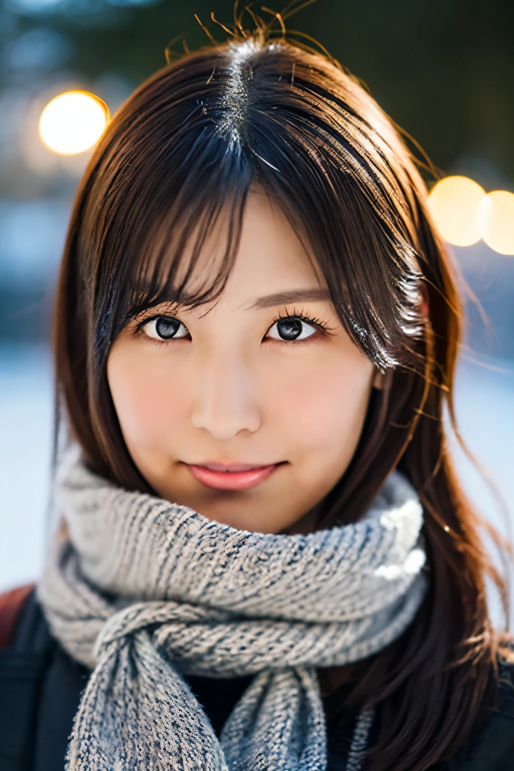 ((no-makeup、closes mouth:1.2))、(realisitic、Photorealsitic、ultra-detailliert、Highest Details Skins、top-quality、​masterpiece、超A high resolution)、Cute Japan Woman、、hi-school girl、younggirl、1 girl in、I have bangs、二重まぶた、drooing eyes、Japanese style face、purity、double tooth、realisiticな肌質、Thick muffler、Grey muffler、fluffy hair、((Hair is inside the scarf:1.3))、Red cheeks、The wind is blowing、It's snowing、natta、illuminations、Lighting from behind