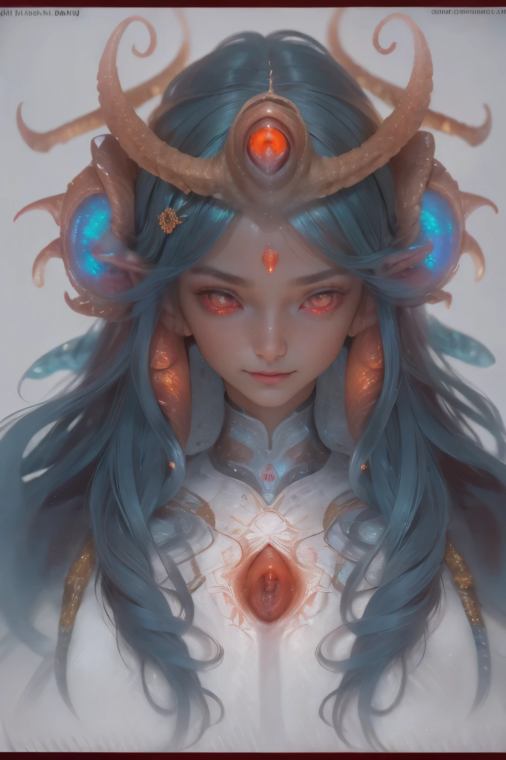 Portrait, (beautiful female alien:1.2),  (There is a female genital-like organ in the middle of the forehead:1.8), (The most beautiful face in the history of the universe:1.2), (scarlet eyes:1.6), (Translucent skin:1.8), an evil gaze that seduces , (red eyes:1.5), Full body like, (sexypose:1.5), alien, No humans, cells are fused, (Lots of translucent tentacles:1.1) (Translucent skin:1.3), extraterrestrial, cell, bio image, 魅惑的, Best Quality, 8K,4K_quality, high definition, Dramatic Lighting, masutepiece:1.5,cinematic quality, detail up, (Intricate details:1.2), high resolution, High Definition, drawing faithfully, (Thick eyebrows:1.2), Beautiful eyes with fine symmetry, (Ultra detailed eyes:1.2),(Highly detailed face and eyes:1.2), (High-resolution red-eye:1.4), Intimate face, (Super detailed skin quality feeling:1.4), Perfect Anatomy,  (Beautiful toned body:1.5),  (Moist skin:1.2), No makeup, (dark circles:1.1), long canines, cinematic drawing of characters, ultra high quality model, cinematic quality, detail up, (Intricate details:1.2), high resolution, High Definition, drawing faithfully, Official art, Unity 8K wall  , 8K Portrait, Best Quality, Very high resolution, ultra detailed artistic photography, midnight aura,  unreal engine 5, Ultra Sharp Focus, art by alberto seveso, ArtGerm, Roisch, intricate artwork, Medusa, best quality, masterpiece, ultra high resolution, (photos realistic：1.4), Ultra-realistic realism, dream-like,  nautilus, Creation of fantasy, Snail, Dream Snail,  biopunk nautilus, thrilling color schemes， Ultra-realistic realism， seductively smiling, blue tentacles