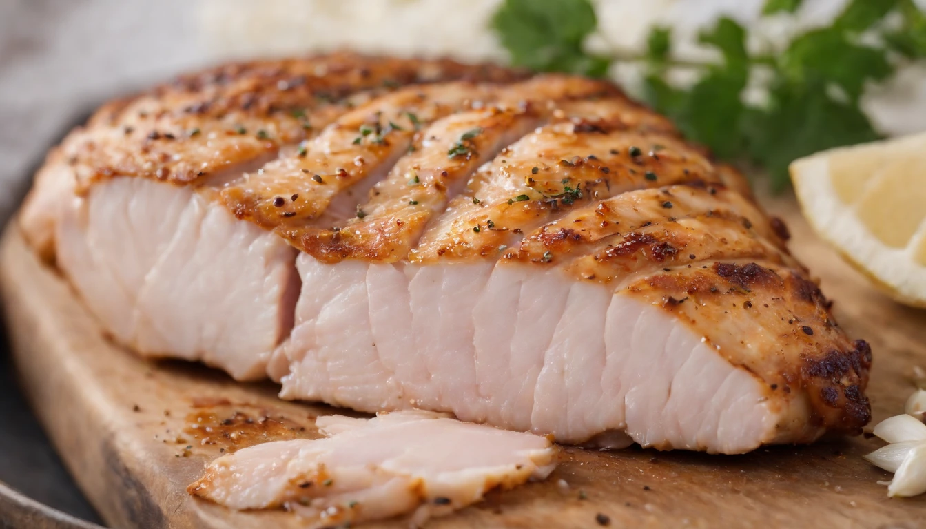 a detail shot of a sliced piece of chicken, revealing the juicy and tender meat underneath the crispy skin. The slice should be adorned with visible chunks of garlic and specks of herbs, adding to the visual appeal