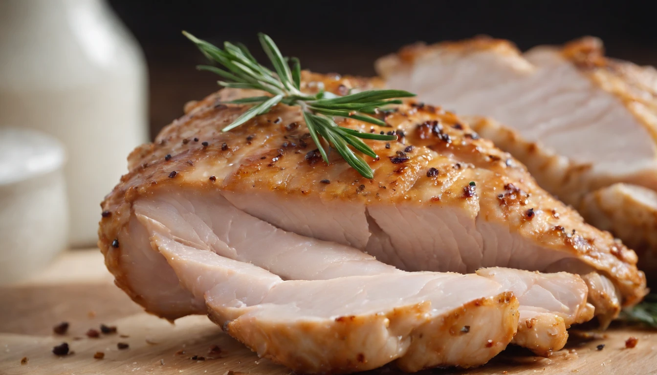 a detail shot of a sliced piece of chicken, revealing the juicy and tender meat underneath the crispy skin. The slice should be adorned with visible chunks of garlic and specks of herbs, adding to the visual appeal