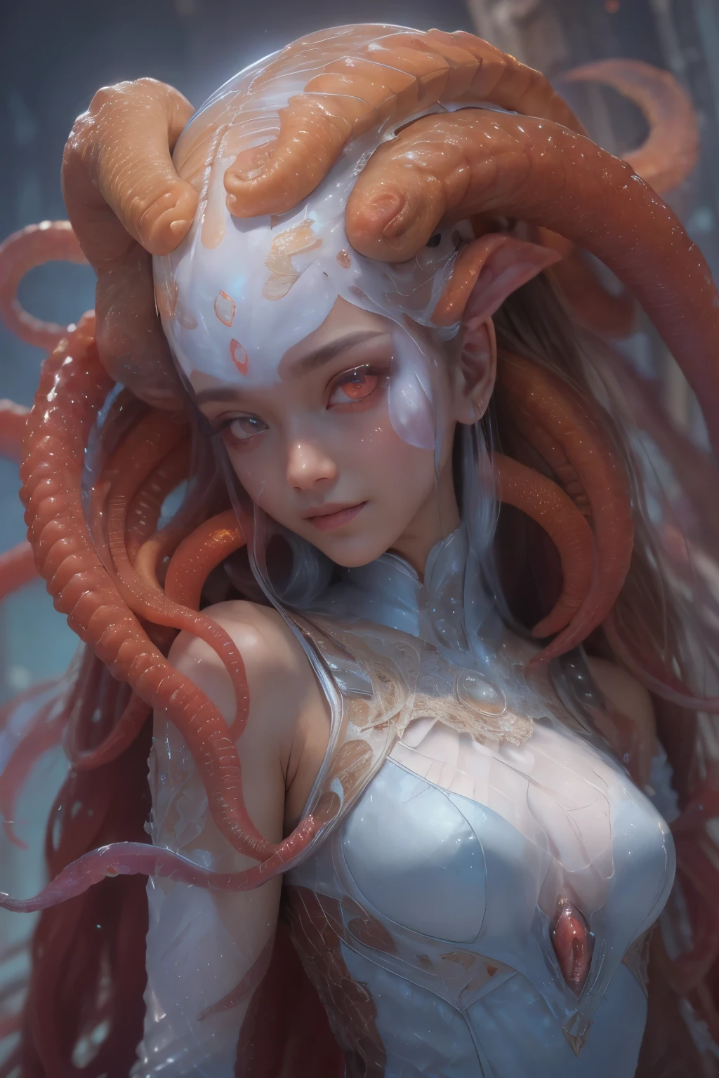 Portrait, (beautiful female alien:1.2), (There is a female genital-like organ in the middle of the forehead:1.8), (The most beautiful face in the history of the universe:1.2), (scarlet eyes:1.6), (Translucent skin:1.8), an evil gaze that seduces , (red eyes:1.5), Full body like, (sexypose:1.5), alien, No humans, cells are fused, (Lots of translucent tentacles:1.1) (Translucent skin:1.3), extraterrestrial, cell, bio image, 魅惑的, Best Quality, 8K,4K_quality, high definition, Dramatic Lighting, masutepiece:1.5,cinematic quality, detail up, (Intricate details:1.2), high resolution, High Definition, drawing faithfully, (Thick eyebrows:1.2), Beautiful eyes with fine symmetry, (Ultra detailed eyes:1.2),(Highly detailed face and eyes:1.2), (High-resolution red-eye:1.4), Intimate face, (Super detailed skin quality feeling:1.4), Perfect Anatomy, (Beautiful toned body:1.5), (Moist skin:1.2), No makeup, (dark circles:1.1), long canines, cinematic drawing of characters, ultra high quality model, cinematic quality, detail up, (Intricate details:1.2), high resolution, High Definition, drawing faithfully, Official art, Unity 8K wall , 8K Portrait, Best Quality, Very high resolution, ultra detailed artistic photography, midnight aura, unreal engine 5, Ultra Sharp Focus, art by alberto seveso, ArtGerm, Roisch, intricate artwork, Medusa, best quality, masterpiece, ultra high resolution, (photos realistic:1.4), Ultra-realistic realism, dream-like, nautilus, Creation of fantasy, Snail, Dream Snail, biopunk nautilus, thrilling color schemes, Ultra-realistic realism, seductively smiling, blue tentacles