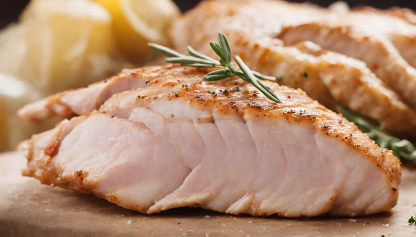 a detail shot of a sliced piece of chicken, revealing the juicy and tender meat underneath the crispy skin. The slice should be adorned with visible chunks of garlic and specks of herbs, adding to the visual appeal