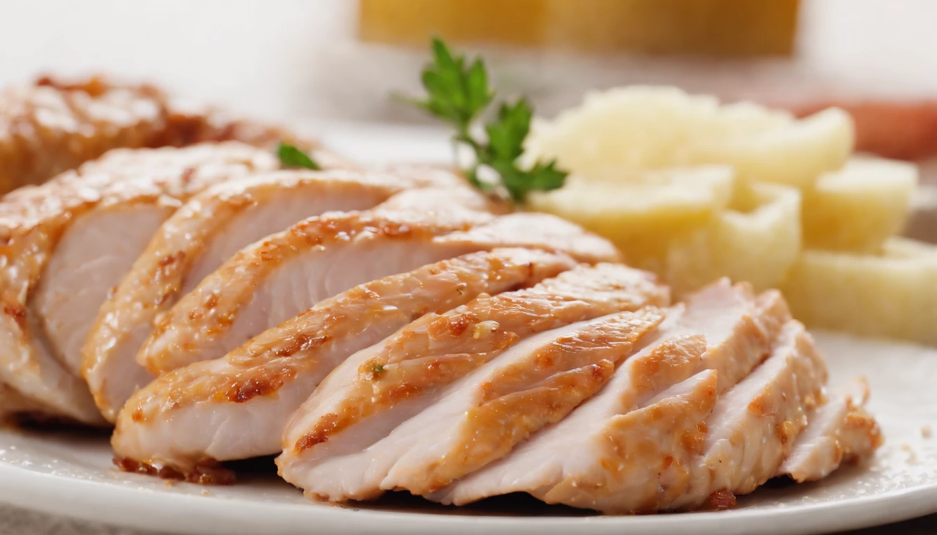 a detail shot of a sliced piece of chicken, revealing the juicy and tender meat underneath the crispy skin. The slice should be adorned with visible chunks of garlic and specks of herbs, adding to the visual appeal