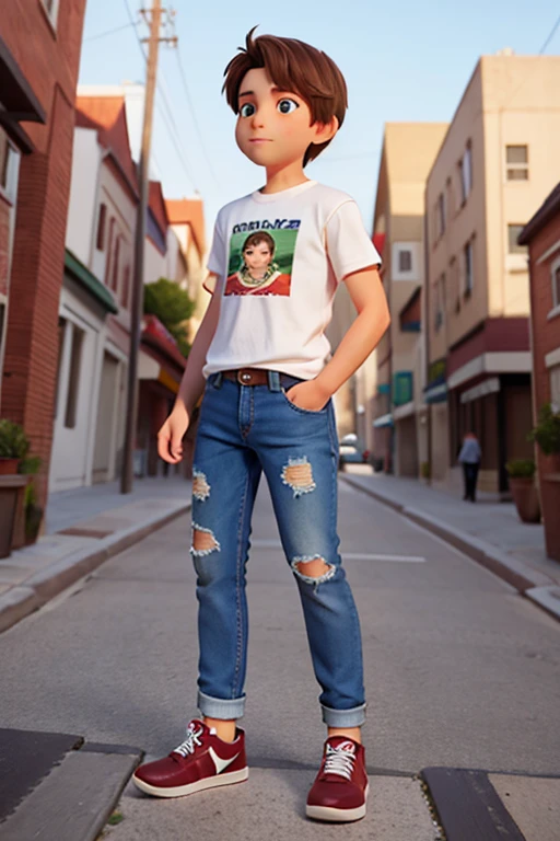 (best quality, realistic, portrait, short brown hair, green eyes, happy boy, medium build, bottomless, long jeans, comic t-shirt, blue sports shoes, white socks)