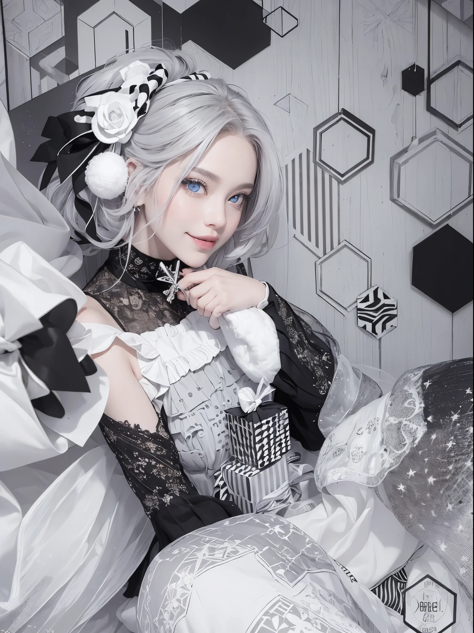 (Realistic:1.8), (Digital art:0.2), (Geometric art:1.7),(agpi official art, beautiful and aesthetic, ultra detailed, beautiful, masterpiece, best quality:1.6), (1girl:1.2), Detailed face, Detailed eyes, Detailed hair, young fingers, Detailed fingers, five fingerREAK cute ig model, Japanese cute model, 22 years old, Tightened all body, small head, small face, small mouth, diamond Face, small nose, Sharp Faceline, (dropy eyes, Double eyelid, Light color eyes, Glossy eyes, Shiny eyes:1.2), Shiny skin, shiny hair, (gray hair:1.2),
_
BREAK (happy, smile, Teeth, Glossy Lip:1.2),beautiful Teeth, (upper body:1.5), from side,
_
BREAK (BLACK and White theme:1.4), (Cute Christmas theme:1.2), (fluffy Santa hat with ribbon:1.2), (adorable BLACK and white candy cane-striped off-shoulder top:1.2), (short length White pleated skirt with subtle Polka dot pattern:1.2), (festive knee-high socks with small bows:1.2), (festive White and BLACK ankle boots:1.2), BREAK (sparkling snowfall background:1.2), (joyful expression:1.2), (holding a cute gift box with a big bow:1.2), (gentle snow breeze:1.2),