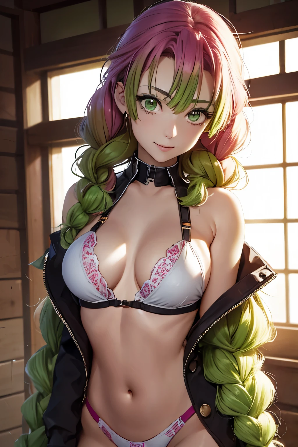 masutepiece, Mitsurikan Log, mitsuri kanroji, braid, Gradient Hair, (Green eyes:1.5), Green hair, Long hair, Mole, Mole under the eyes, multicolored hair, Pink hair, Twin braids, Two-tone hair, cleavage, BREAK looking at viewer, Break indoors, BREAK (masutepiece:1.2), Best Quality, High resolution, Unity 8k壁纸, (Illustration:0.8), (Beautiful detailed eyes:1.6), extra detailed face, Perfect Lighting, extremely details CG, (Perfect hands, Perfect Anatomy),colourful hair, The whole body  reflected, (Off-the-shoulder costumes:1.5), ((chest wide open and exposed)), (Smile), ((undergarment)), ((Torn clothes)), ((The bikini)), , ((Torn clothing))