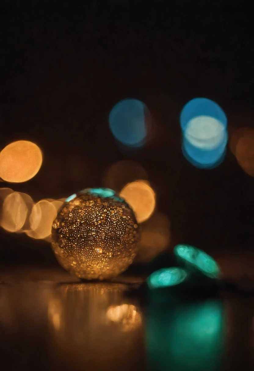 a close-up shot of color bokeh against a dark background, utilizing a wide aperture to create a shallow depth of field and isolate specific bokeh lights for added visual impact
