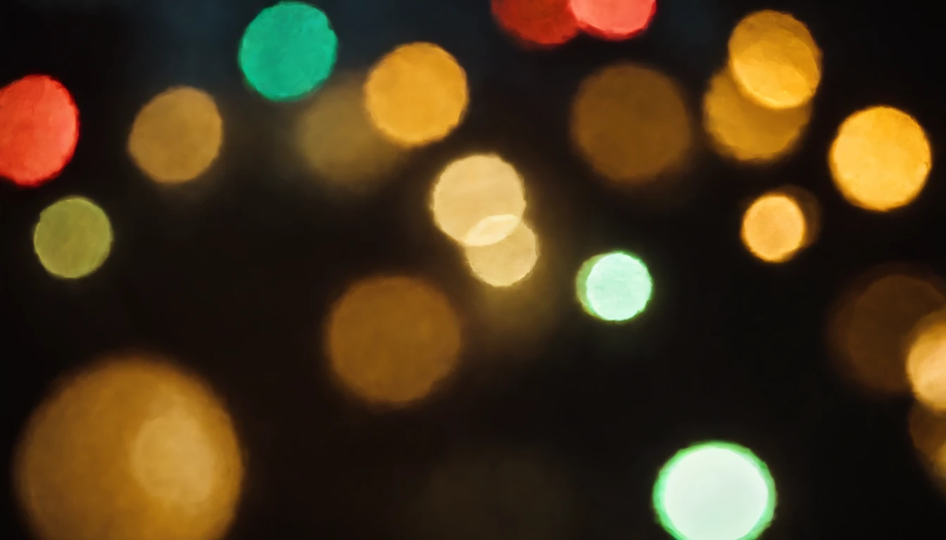 a close-up shot of color bokeh against a dark background, utilizing a wide aperture to create a shallow depth of field and isolate specific bokeh lights for added visual impact