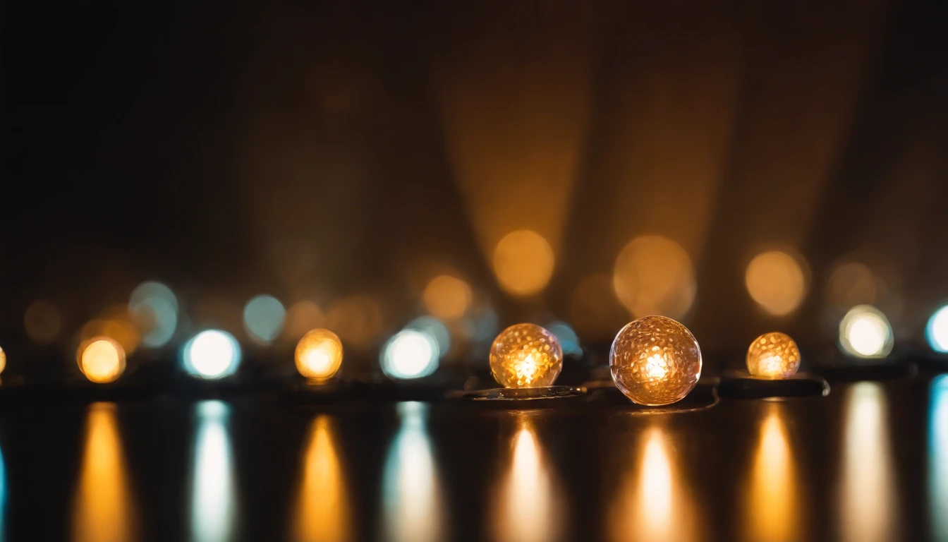 a close-up shot of color bokeh against a dark background, utilizing a wide aperture to create a shallow depth of field and isolate specific bokeh lights for added visual impact