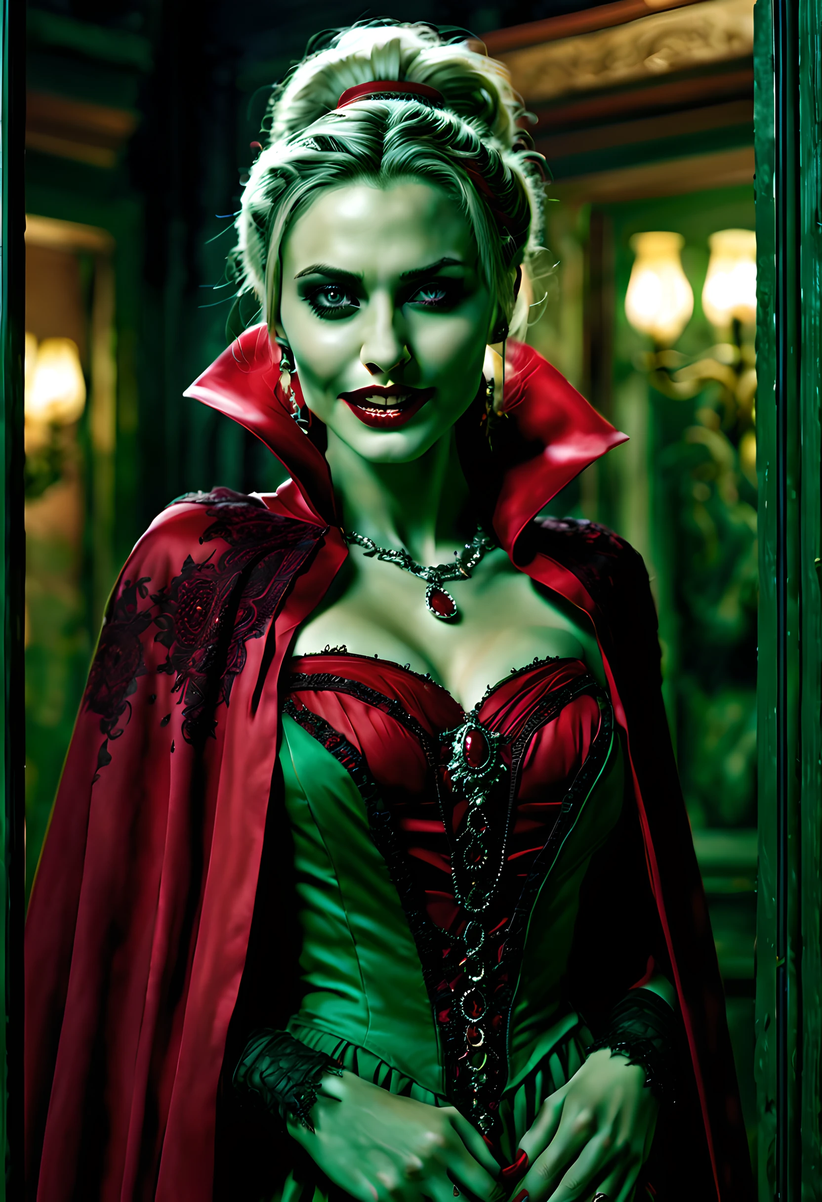 a picture of vampire standing in the front of her home, an exquisite beautiful female vampire in her front door of her home, full body (ultra detailed, Masterpiece, best quality), ultra detailed face (ultra detailed, Masterpiece, best quality), grey skin: 1.3 , blond hair, hair in a ponytail, long hair, blue eyes, cold eyes, glowing eyes, intense eyes, smile with [drops of blood on face] (ultra detailed, Masterpiece, best quality), dark red lips, [vampire fangs], wearing (red: 1.4) dress (ultra detailed, Masterpiece, best quality), (green: 1.4) dark green cloak, (green: 1.3) green high heeled boots in front of her home,  Cinematic Shot, Cinematic Lighting high details, best quality, 16k, [ultra detailed], masterpiece, best quality, (ultra detailed), full body, ultra wide shot, photorealism, dark fantasy art, moon light coming through the window, moon rays, gothic art, sense of dread, sense of seduction, bloodmagic