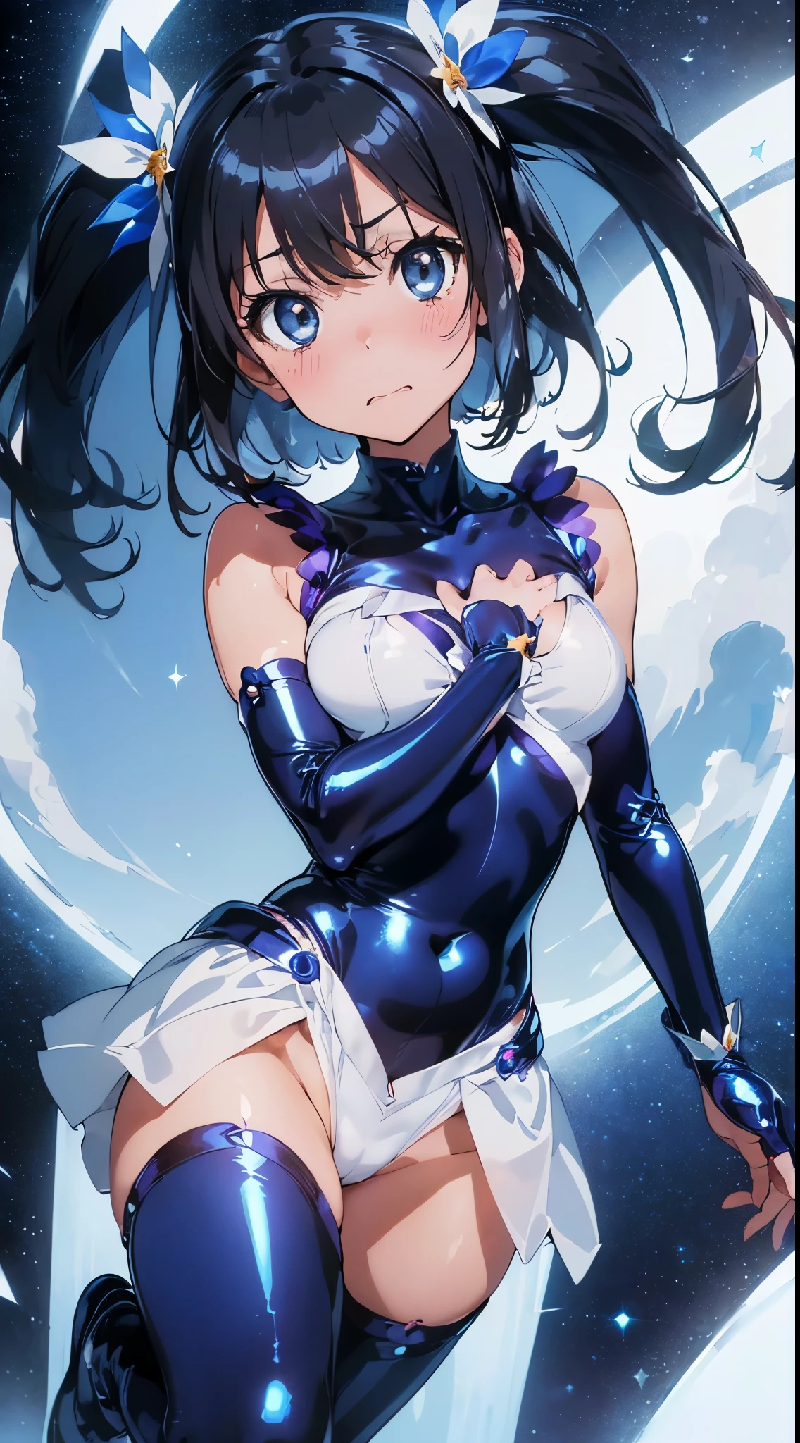 1womanl,Black hair,12year old ,((Impatient expression)),Beautiful breasts,(((Sexy magical girl white and blue shiny high-leg bodysuit)))(())(((Blushing cheeks、Surprised look)),(((Satin Narico))),((( portlate))),we have blue eyelashes)))()Street,Crowds(magical girl hair ornament)