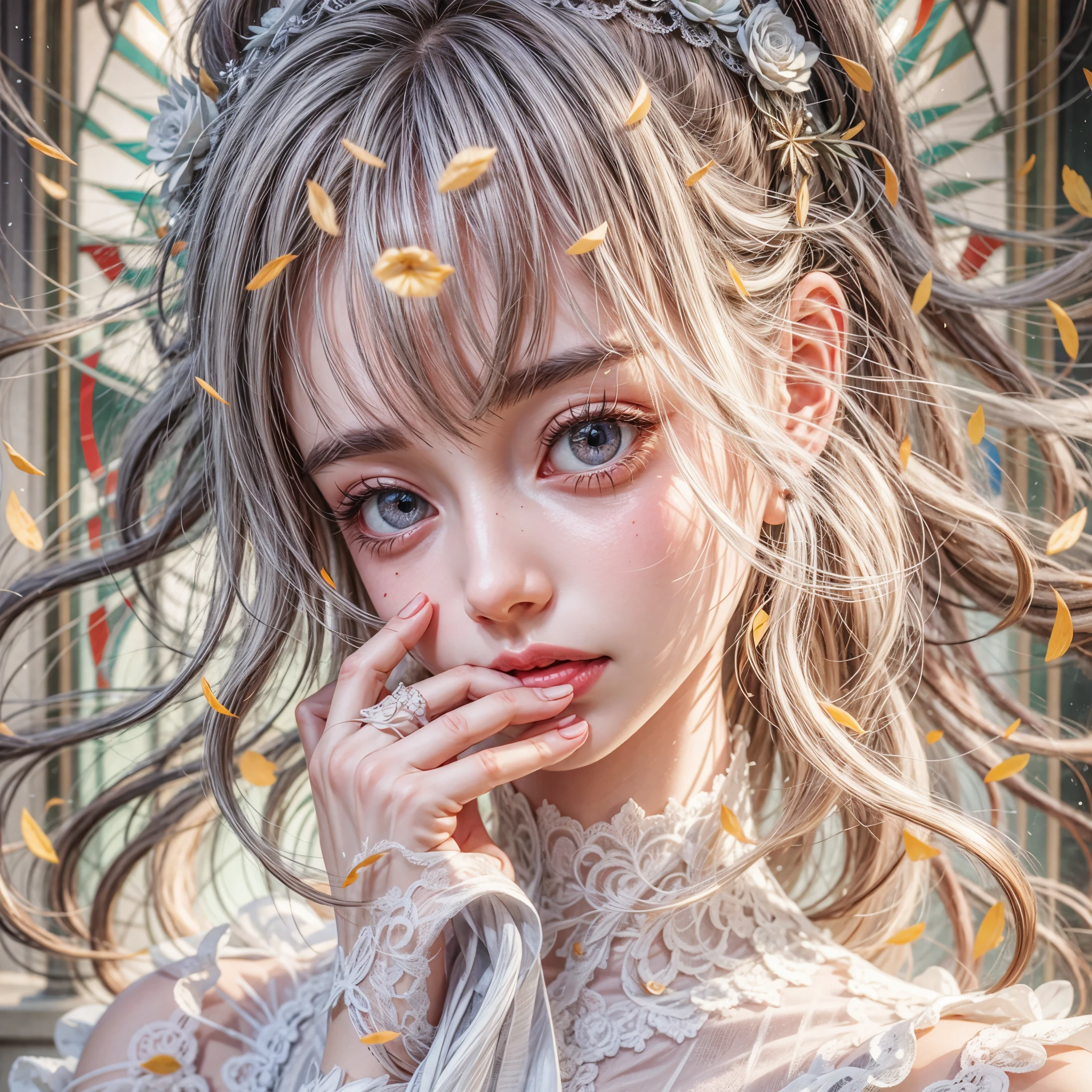 concept art, Tiny junior idol, Delicate lace knitted white clothes, (nipple:-0.9), (face closeup, (Dazzling stained glass Background)), (((Renbutsu Misako), vivid colorful Light shines through delicate stained glass:1.35, Dazzling Halo, Acutance:0.8)), {vivid red |Mystic sight | haze | lense Particle | lens flare | light Particle}. (masterpiece:1.2),(ultra-detailed:1.37),((realistic,photorealistic,photo-realistic:1.37)), (Extremely detailed KAWAII face variations, innocent expression variations), {rosy cheeks | intricate detailed eyes with sparkling highlights | long eyelashes with volume | subtle blush on the face}. {Mystic sight | haze | | blood stained crotch}, impeccable skin texture, captivating gaze, ((Dynamic-angle, physically-based rendering)), whole Body proportions and all limbs are anatomically accurate . full of flowers covering girl's body . (((licking, correct hands, not Detailed fingers:-0.9)))