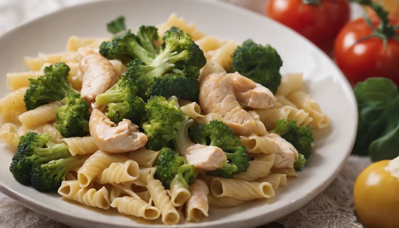 An artistic representation of Italian pasta with chicken and broccoli, arranged in a visually appealing and balanced composition, with each component shining through in color and presentation, creating an aesthetically pleasing and appetizing image