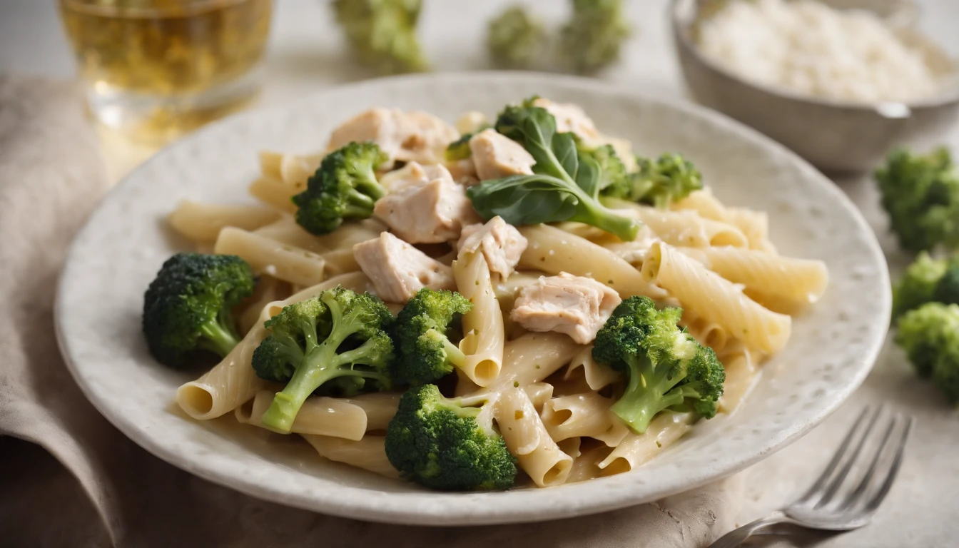 An artistic representation of Italian pasta with chicken and broccoli, arranged in a visually appealing and balanced composition, with each component shining through in color and presentation, creating an aesthetically pleasing and appetizing image.