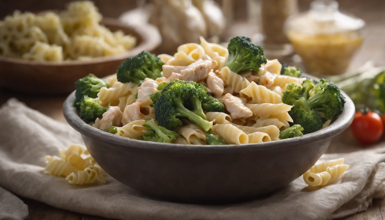 An artistic representation of Italian pasta with chicken and broccoli, arranged in a visually appealing and balanced composition, with each component shining through in color and presentation, creating an aesthetically pleasing and appetizing image.