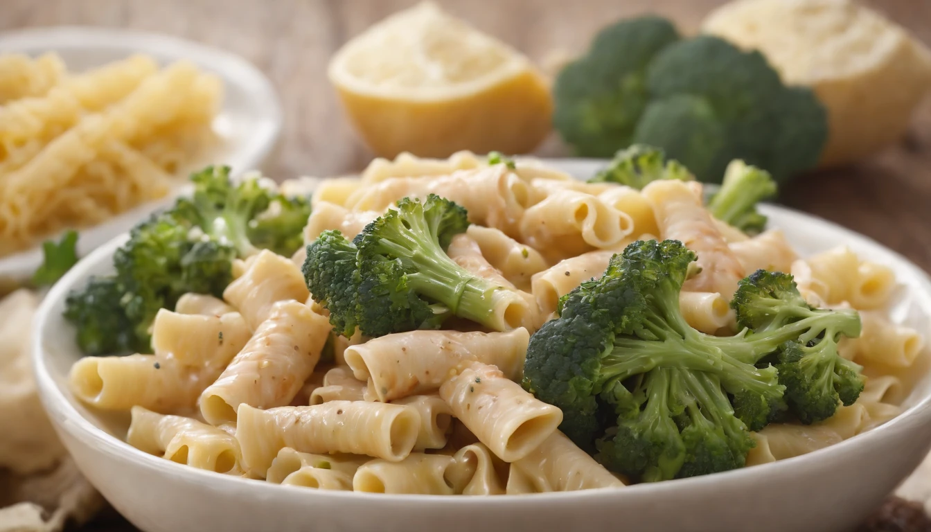 An artistic representation of Italian pasta with chicken and broccoli, arranged in a visually appealing and balanced composition, with each component shining through in color and presentation, creating an aesthetically pleasing and appetizing image.