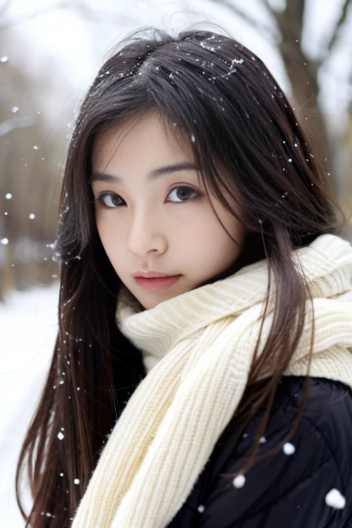 1 female、Beautuful Women、brue eyes、Semi-long、Beautiful hair color、It's snowing、I'm out of sight、Well-formed eyebrows、Facing the side、sad Facial expression、25-years old、24 year old、touching the snow、wearing a muffler、A wistful look、winter landscape with falling snow、depth of fields、High quality、stretching out my arms