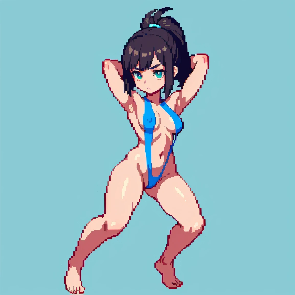 (masterpiece, top quality, best quality, less detail, 8-bit color), pixel,pixel art,1girl, fullbody, smack studio, separate body for edit, ((squatting)), ((armpits)), arms above and behind head, (slingshot swimsuit), (pubic hair), (wedgie), bare foot
