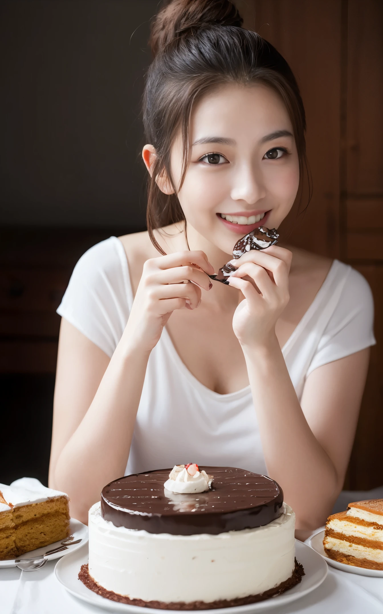 Highly detailed CG Unity 8k wallpaper, With the highest quality, super detailed, master piece, Realistic, photos realistic, Very detailed beautiful girl, 25 years old , (Officelady), Smile , Round eyes, Small udder , looking viewer, Half body shot , kitchin , eating cakes , Ponytail Huge cake chocolate cake