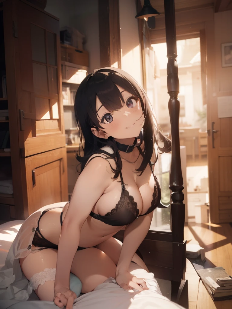 ultra-quality, ultla highres, Hyper Detailed, High contrast, Ultrafine Strike, creative refinement,A dark-haired,ssmile,Show cleavage,livingroom,5 fingers