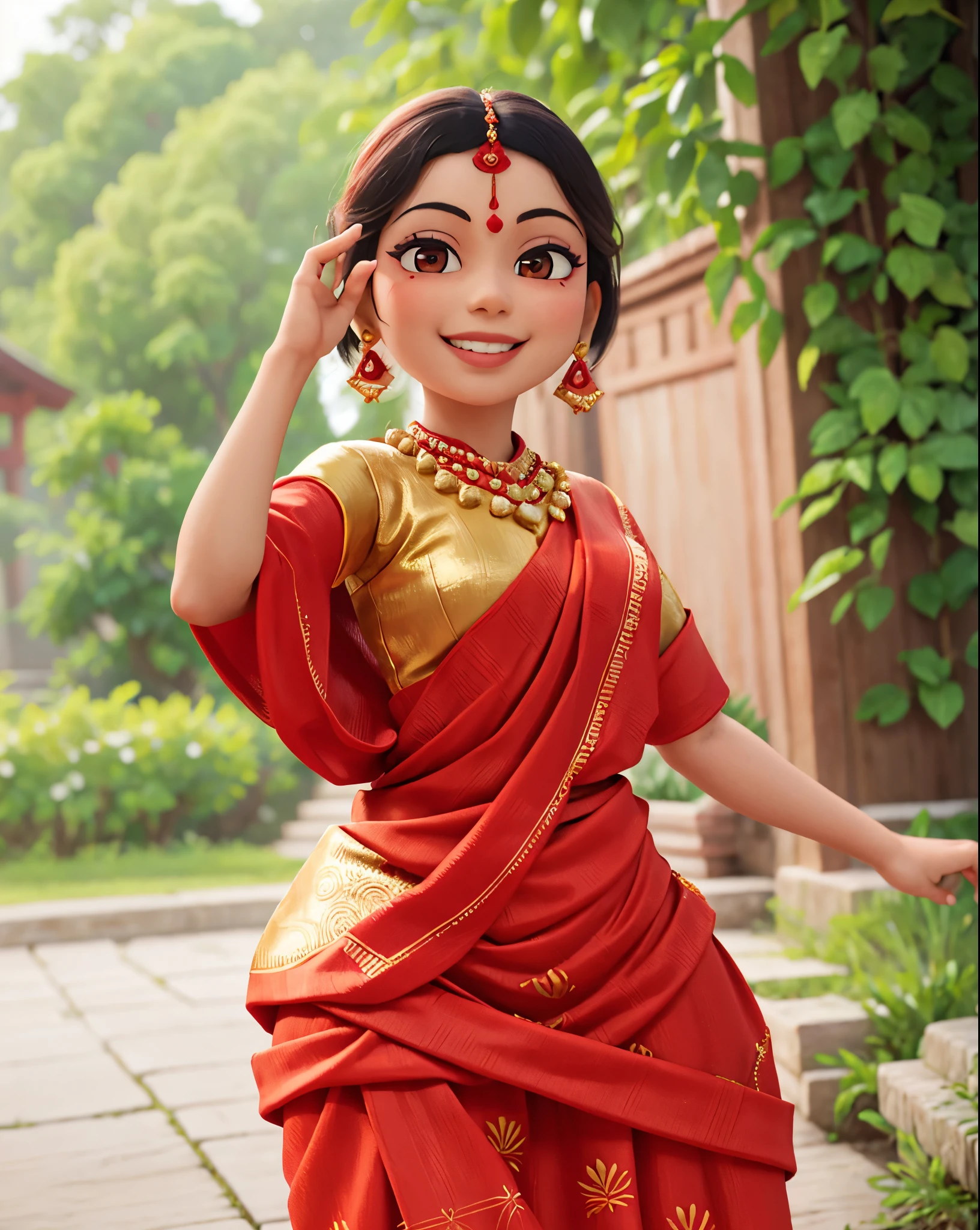 a woman in a red sari posing for a picture, traditional beauty, assamese aesthetic, dramatic smile pose intricate, very beautiful enga style, traditional dress, elegant smiling pose, wearing red attire, dressed in a sari, * colour splash *, traditional clothes, red clothes, wearing bihu dress mekhela sador, candid picture, very extremely beautiful, dramatic smiling pose