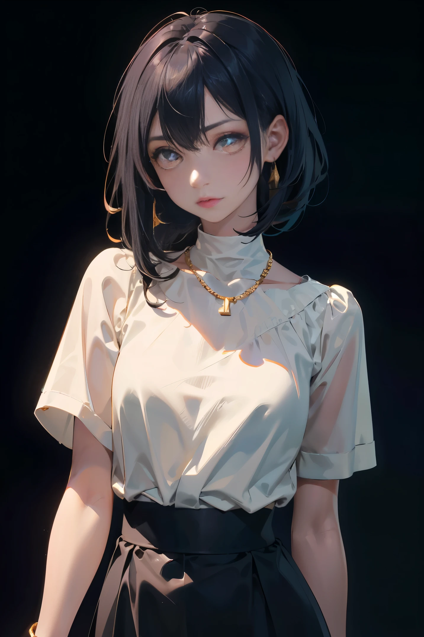 a 20 yo woman、Black blue Hair、poneyTail、(hi-top fade:1.3)、dark themed、Muted Tones、Subdued Color、highly contrast、(natural skin textures、Hyper-Realism、Soft light、sharp)、makeup, mascara, Lips are subdued or colors, simple black background, Minimalism, monotone, simple color palettes, Clean, sharp designs, flowing silhouettes, Tight skirts and pants, high-waisted skirts and pants, simple dresses, shirts and blouses, asymmetrical, geometric, Elegant and luxurious materials and designs, Simple, minimal accessories, Slim necklaces and rings in silver or gold, Simple bangles, Distinctive designs, simple silhouettes, simple and sophisticated style, elegance, minimalism, high quality materials, cool and urban impression, high fashion, simplicity and sophistication,