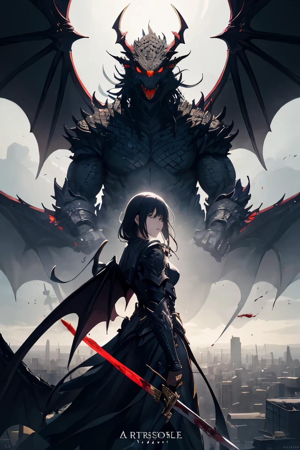(Best quality at best)), ((tmasterpiece)), (Detailed pubic hair), s the perfect face，A woman with a sword and wings stands in front of the city,There is a dragon behind the woman， Detailed pubic hair关键动画艺术, Dark black armor, Popular topics on artstation pixiv, anime epic artwork, badass anime 8 k, [ CGsociety trends ]!!, Anime fantasy artwork, Detailed pubic hair动漫艺术作品, blood Dark black armor, white and Dark black armor，The golden dragon