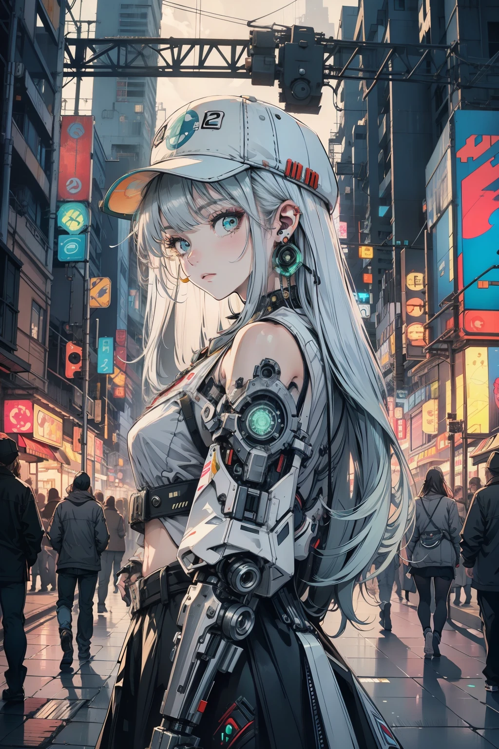 1 Girl, Solo, Colorful, green Eyes, Cyberpunk, Mechanical Scrap Zone, Cityscape, Stud Earrings, Long Messy White Hair, Mechanical Hat, Mechanical Body, Robotic Arm, Mecha, Robot, Mechanical Maiden, Neon Lights, Beautiful Lights, Character Focus, CG Illustration, Bust Shot, 8k Resolution, Very Detailed, Anatomically Correct, Digital Painting, Concept Art, Clear Picture